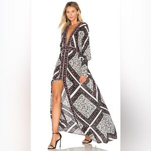 JEN'S PIRATE BOOTY Flamenco Maxi Dress Spanish Tile black white red V-neckline